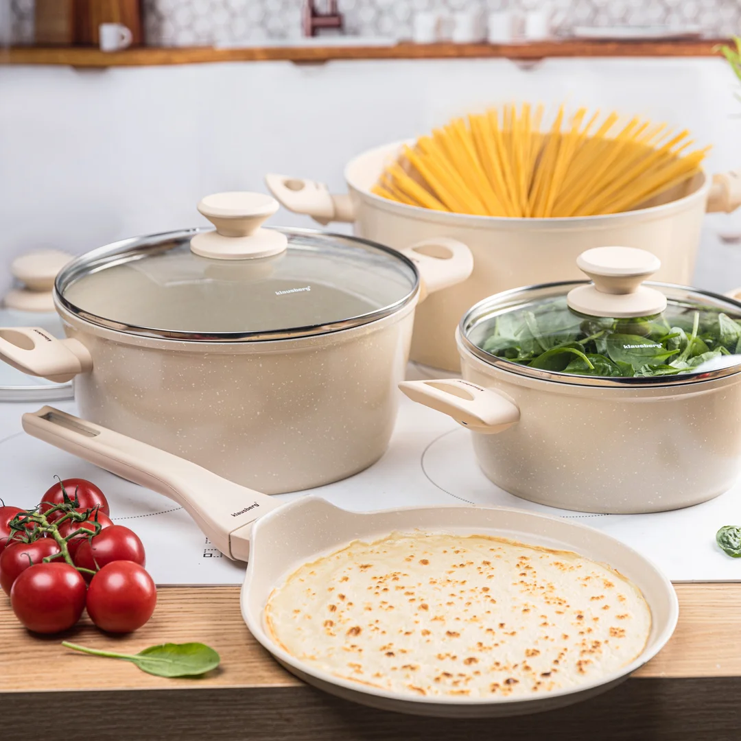 Zestaw garnków 7 elementów z patelnią naleśnikową, aluminium odlewane, marmurowa powłoka non-stick, beżowy, Klausberg, KB-7963 — zdjęcie 2