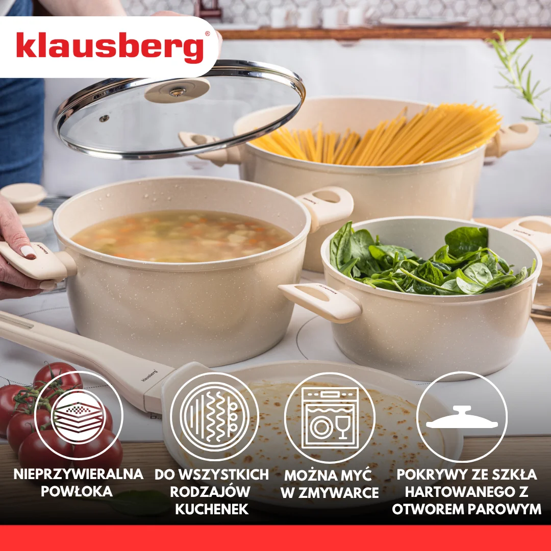 Zestaw garnków 7 elementów z patelnią naleśnikową, aluminium odlewane, marmurowa powłoka non-stick, beżowy, Klausberg, KB-7963 — zdjęcie 3
