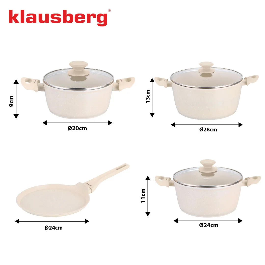 Zestaw garnków 7 elementów z patelnią naleśnikową, aluminium odlewane, marmurowa powłoka non-stick, beżowy, Klausberg, KB-7963 — zdjęcie 5