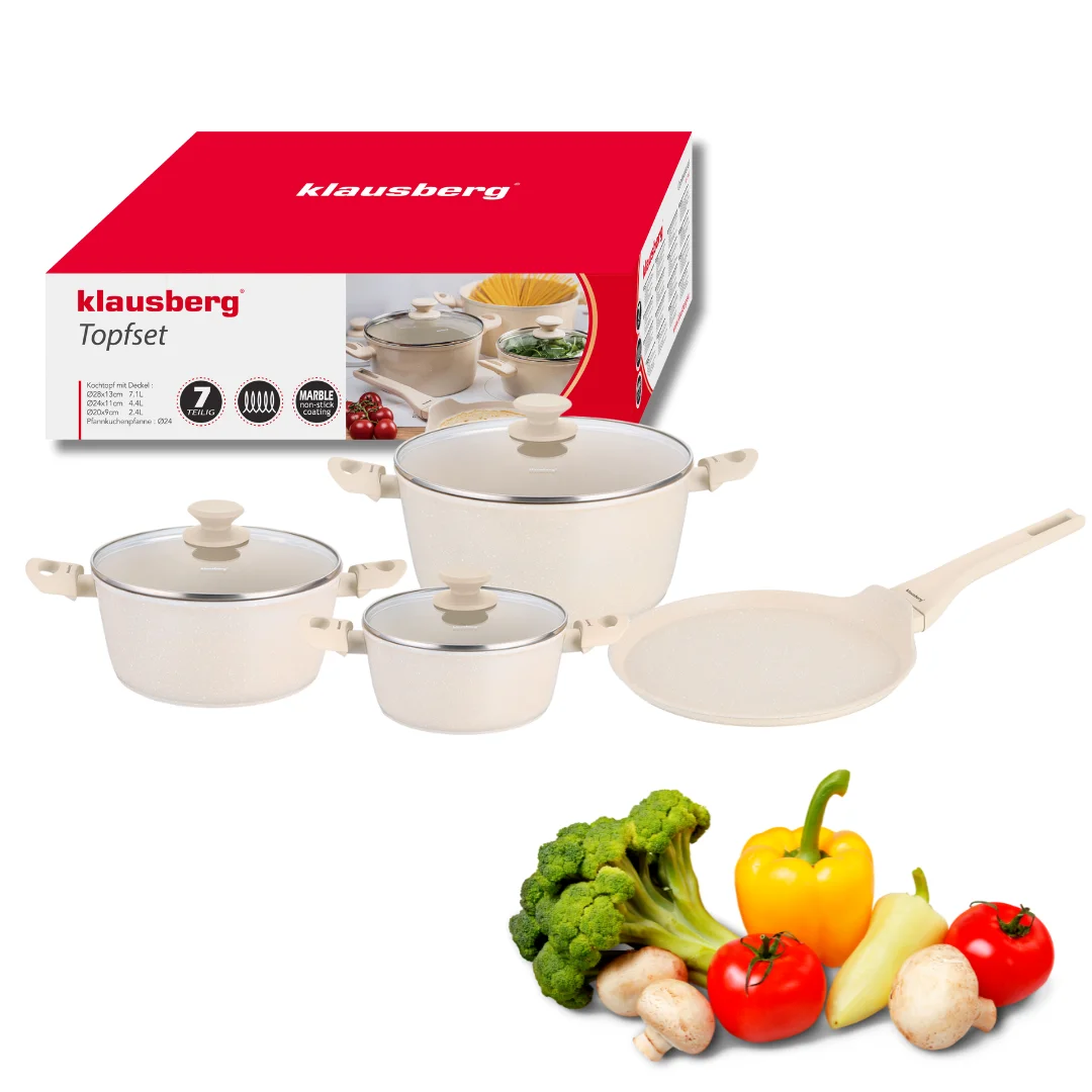 Zestaw garnków 7 elementów z patelnią naleśnikową, aluminium odlewane, marmurowa powłoka non-stick, beżowy, Klausberg, KB-7963 — zdjęcie 6