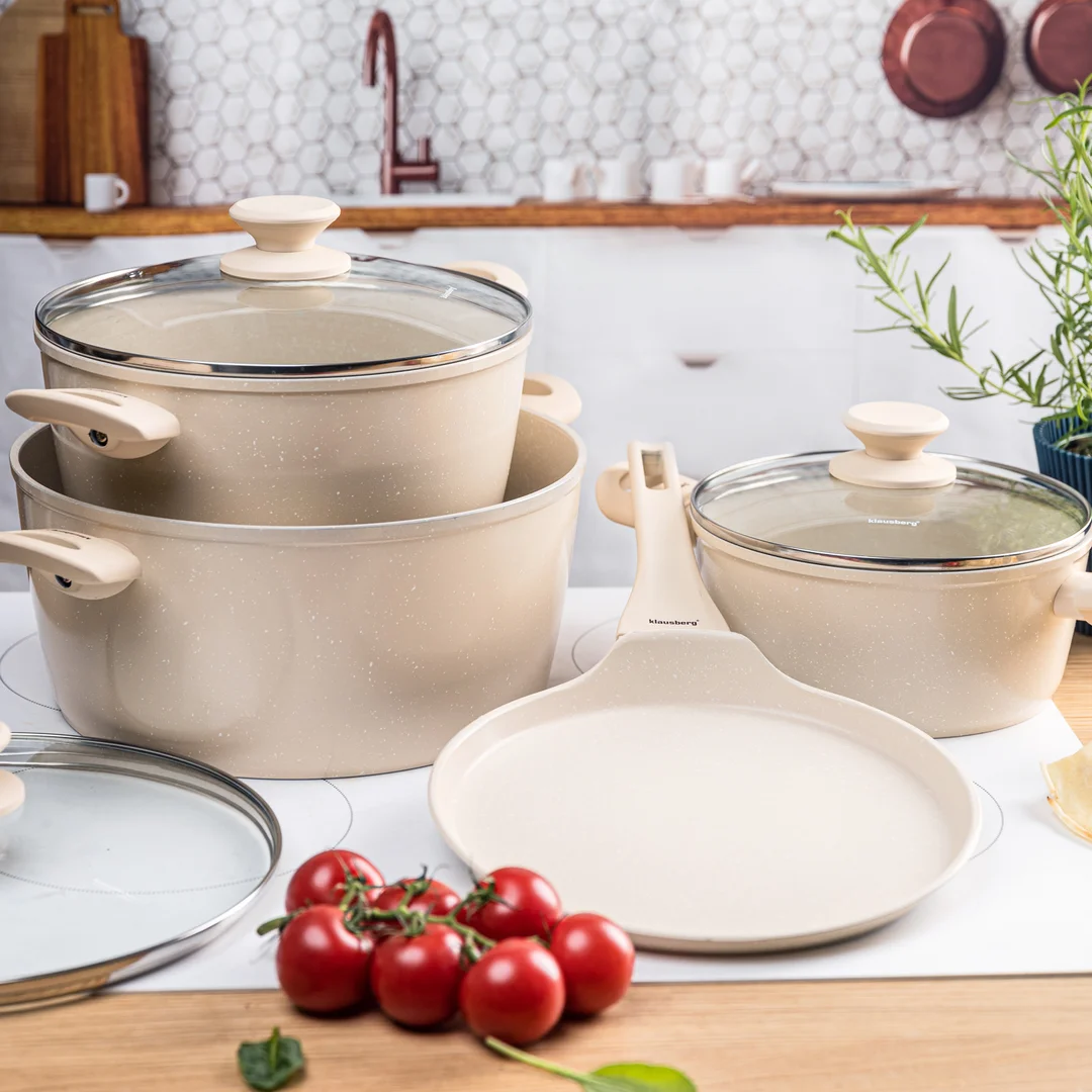 Zestaw garnków 7 elementów z patelnią naleśnikową, aluminium odlewane, marmurowa powłoka non-stick, beżowy, Klausberg, KB-7963 — zdjęcie 7