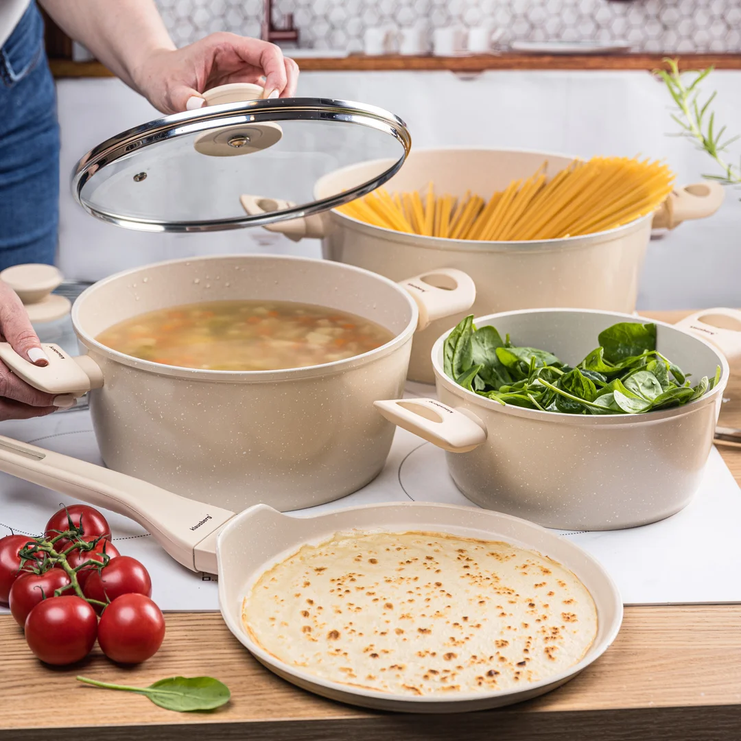 Zestaw garnków 7 elementów z patelnią naleśnikową, aluminium odlewane, marmurowa powłoka non-stick, beżowy, Klausberg, KB-7963 — zdjęcie 8