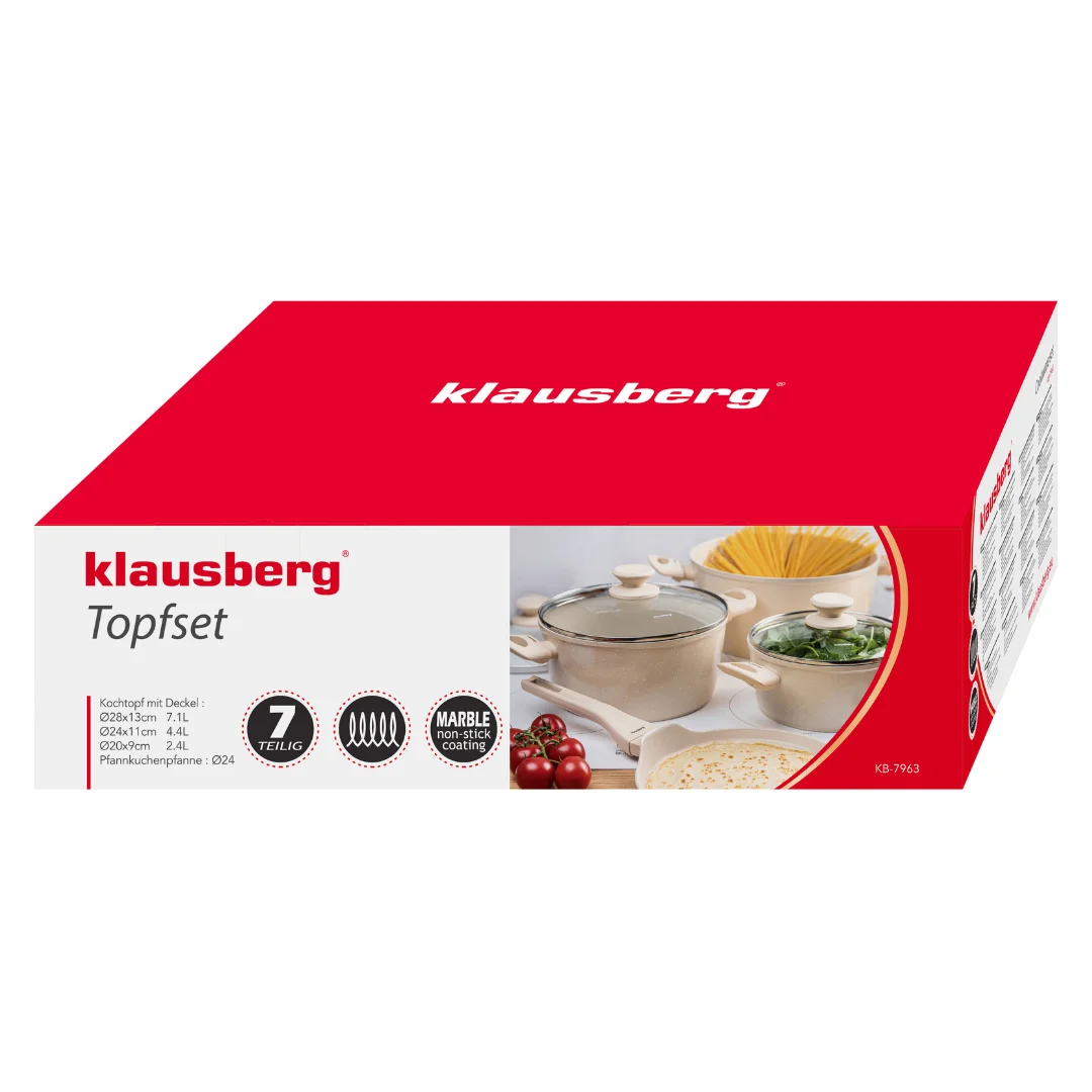 Zestaw garnków 7 elementów z patelnią naleśnikową, aluminium odlewane, marmurowa powłoka non-stick, beżowy, Klausberg, KB-7963 — zdjęcie 9