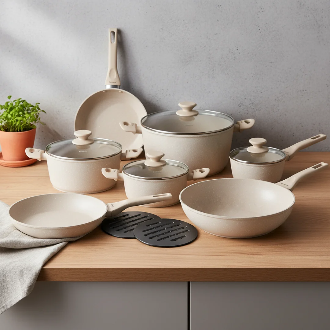 Zestaw garnków i patelni 12 elementów, aluminium odlewane, powłoka marmurkowa non-stick, beżowy, Klausberg, KB-7959 — zdjęcie 2