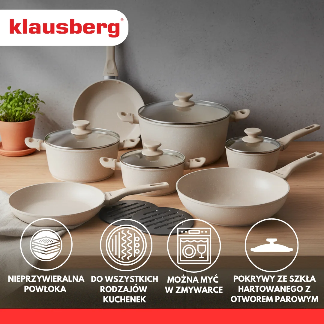 Zestaw garnków i patelni 12 elementów, aluminium odlewane, powłoka marmurkowa non-stick, beżowy, Klausberg, KB-7959 — zdjęcie 3