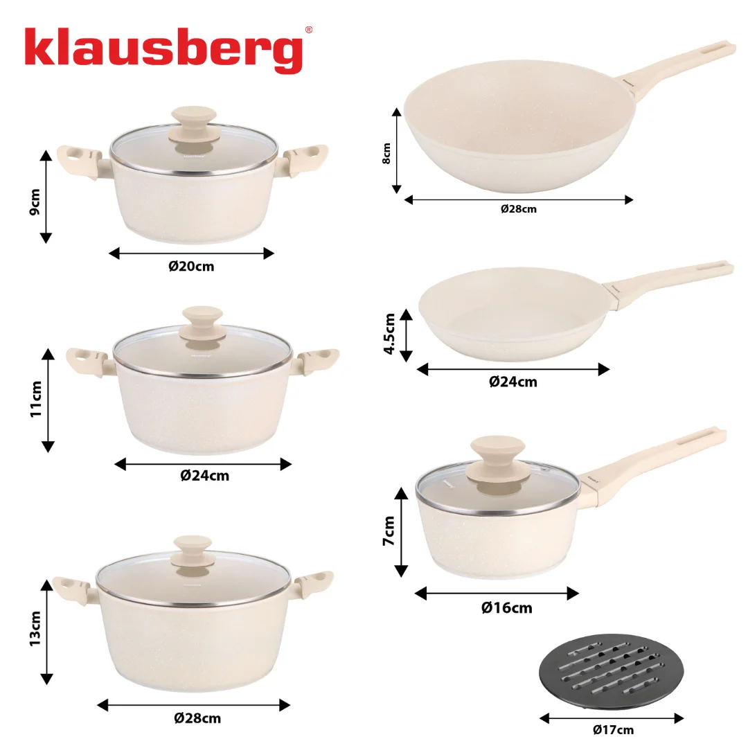 Zestaw garnków i patelni 12 elementów, aluminium odlewane, powłoka marmurkowa non-stick, beżowy, Klausberg, KB-7959 — zdjęcie 4