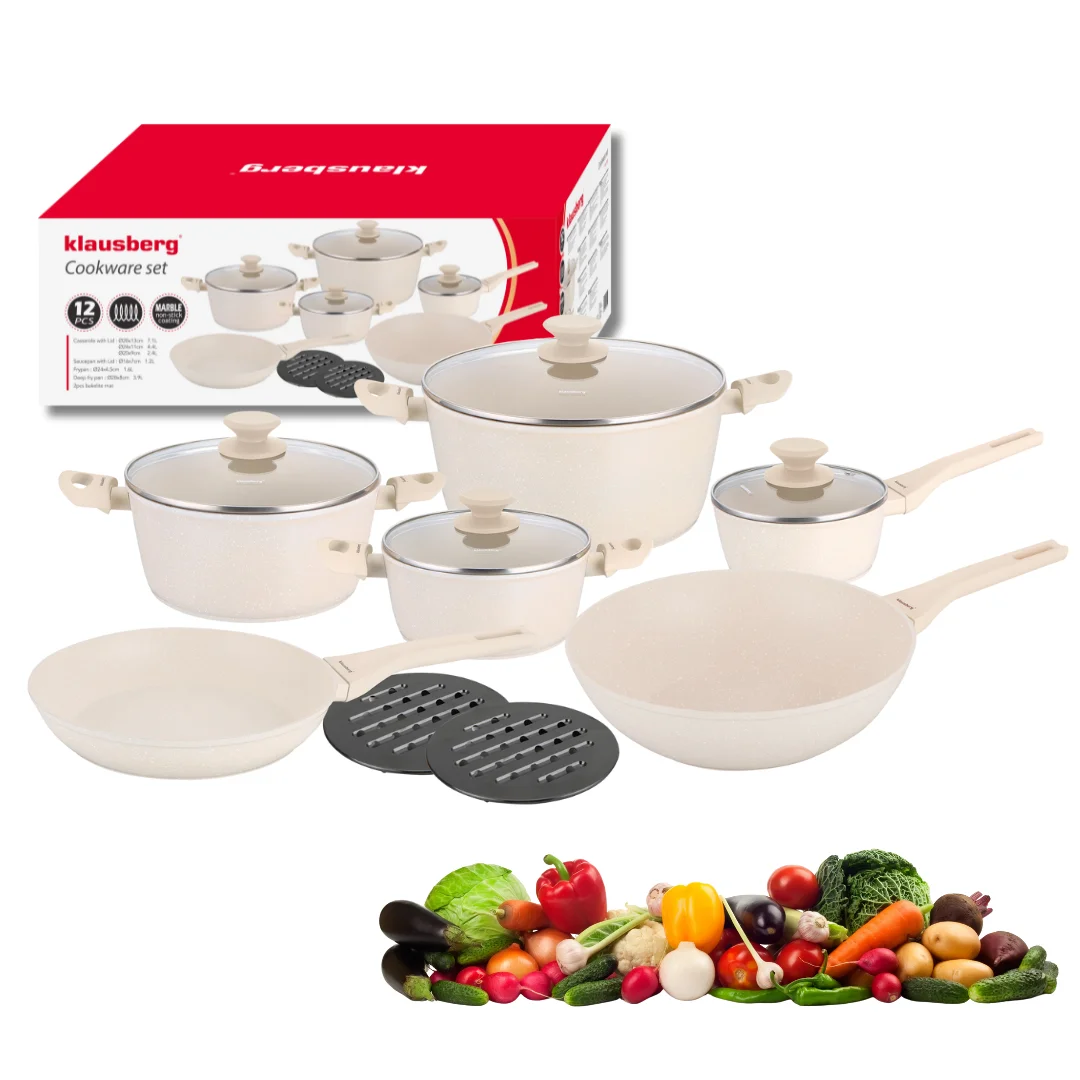Zestaw garnków i patelni 12 elementów, aluminium odlewane, powłoka marmurkowa non-stick, beżowy, Klausberg, KB-7959 — zdjęcie 5