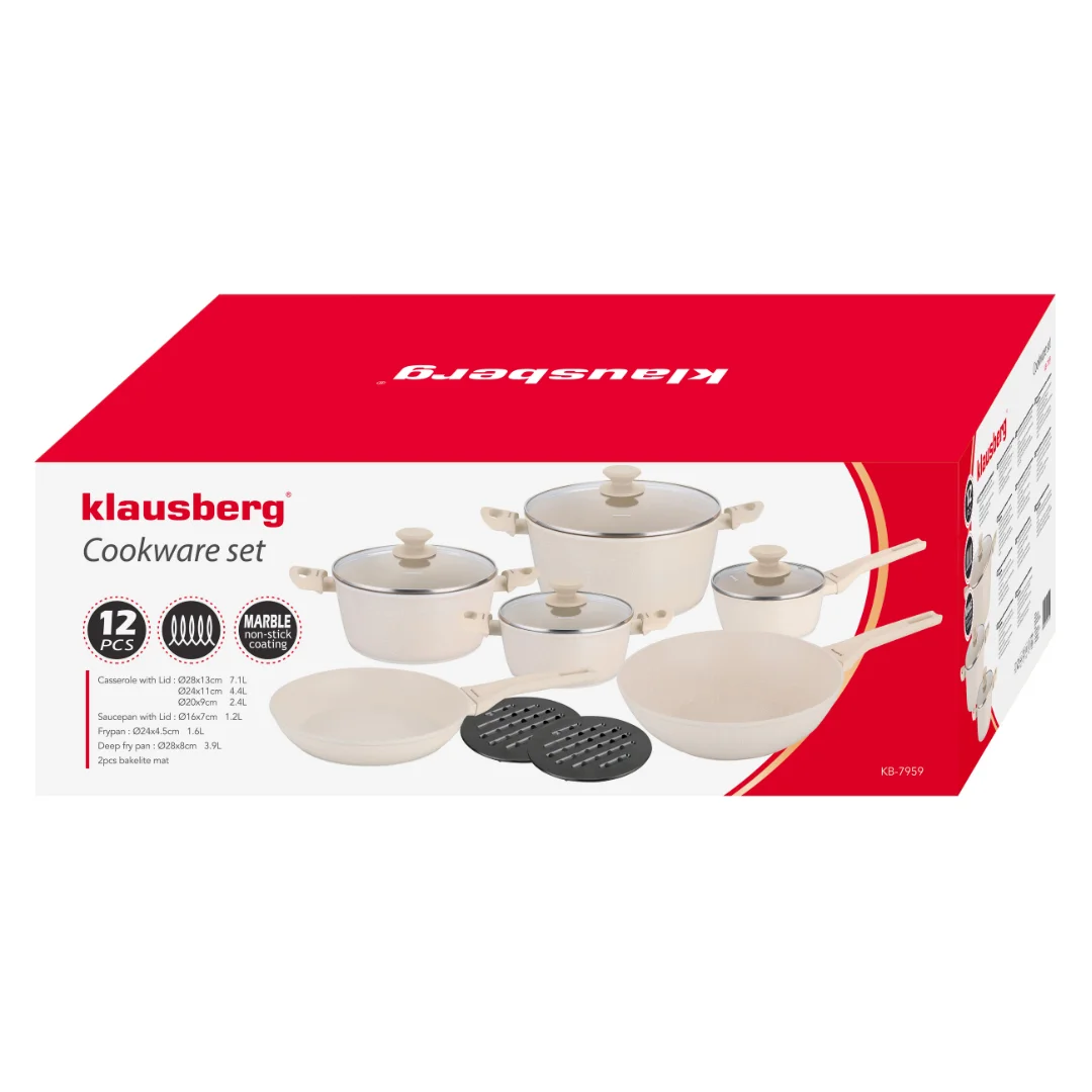 Zestaw garnków i patelni 12 elementów, aluminium odlewane, powłoka marmurkowa non-stick, beżowy, Klausberg, KB-7959 — zdjęcie 6