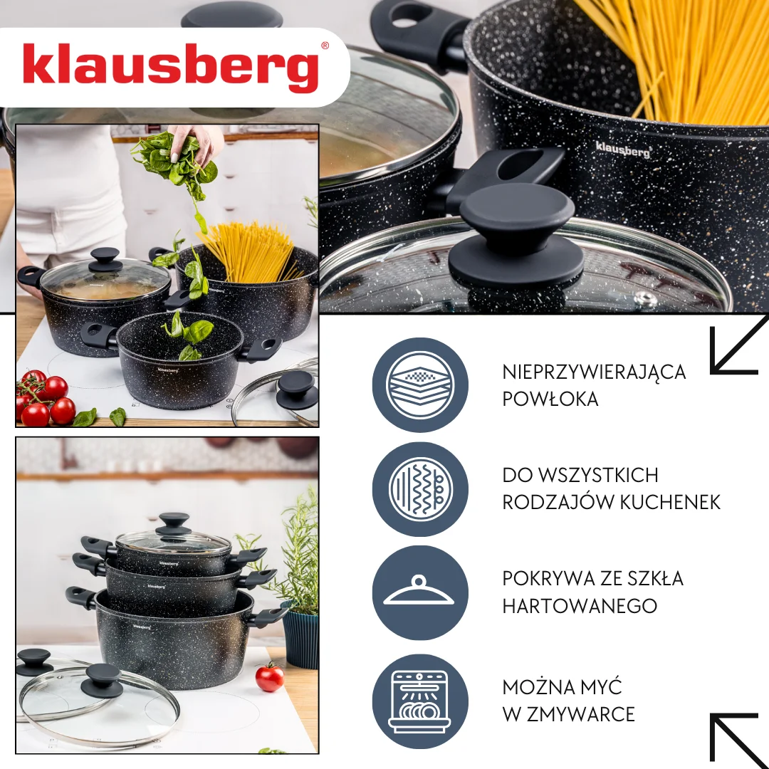 Zestaw garnków marmurowych 3-częściowy z pokrywkami, Klausberg KB-7960 — zdjęcie 3