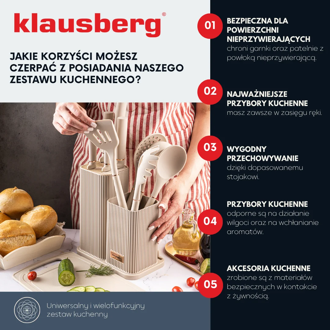 Zestaw noży i przyborów kuchennych z deską, 12 elementów, kolor beżowy, Klausberg, KB-7935 — zdjęcie 4