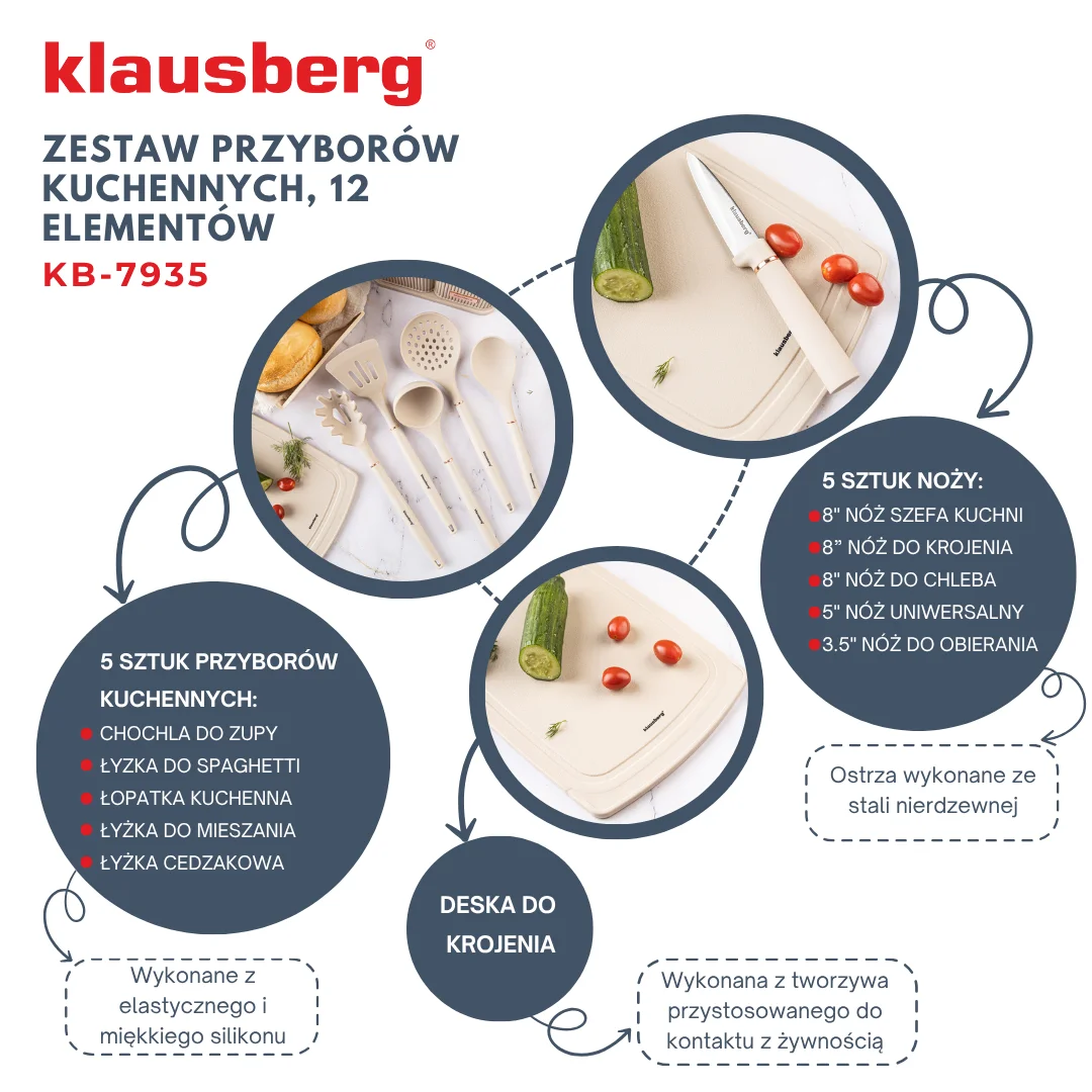 Zestaw noży i przyborów kuchennych z deską, 12 elementów, kolor beżowy, Klausberg, KB-7935 — zdjęcie 5