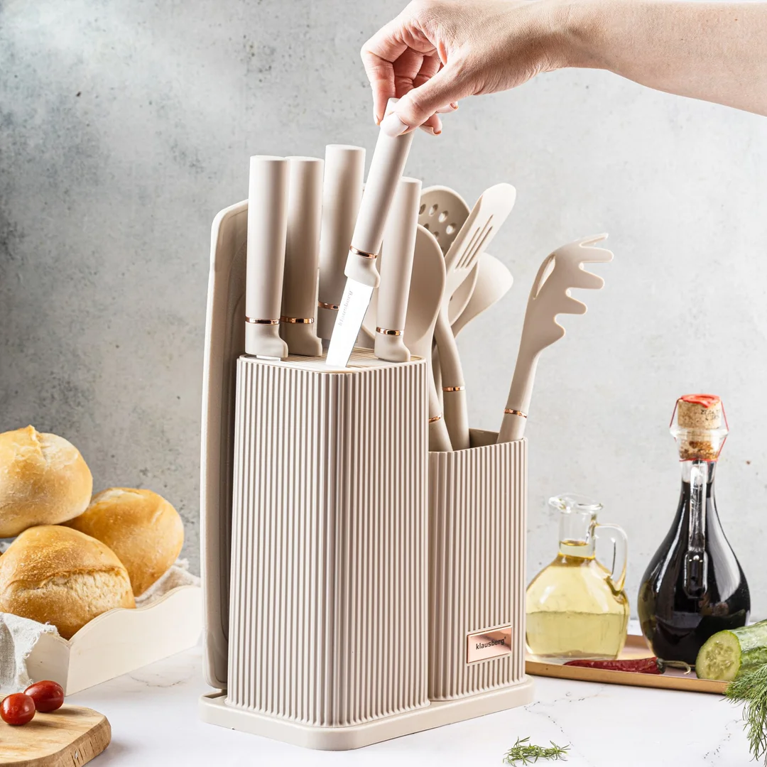 Zestaw noży i przyborów kuchennych z deską, 12 elementów, kolor beżowy, Klausberg, KB-7935 — zdjęcie 11