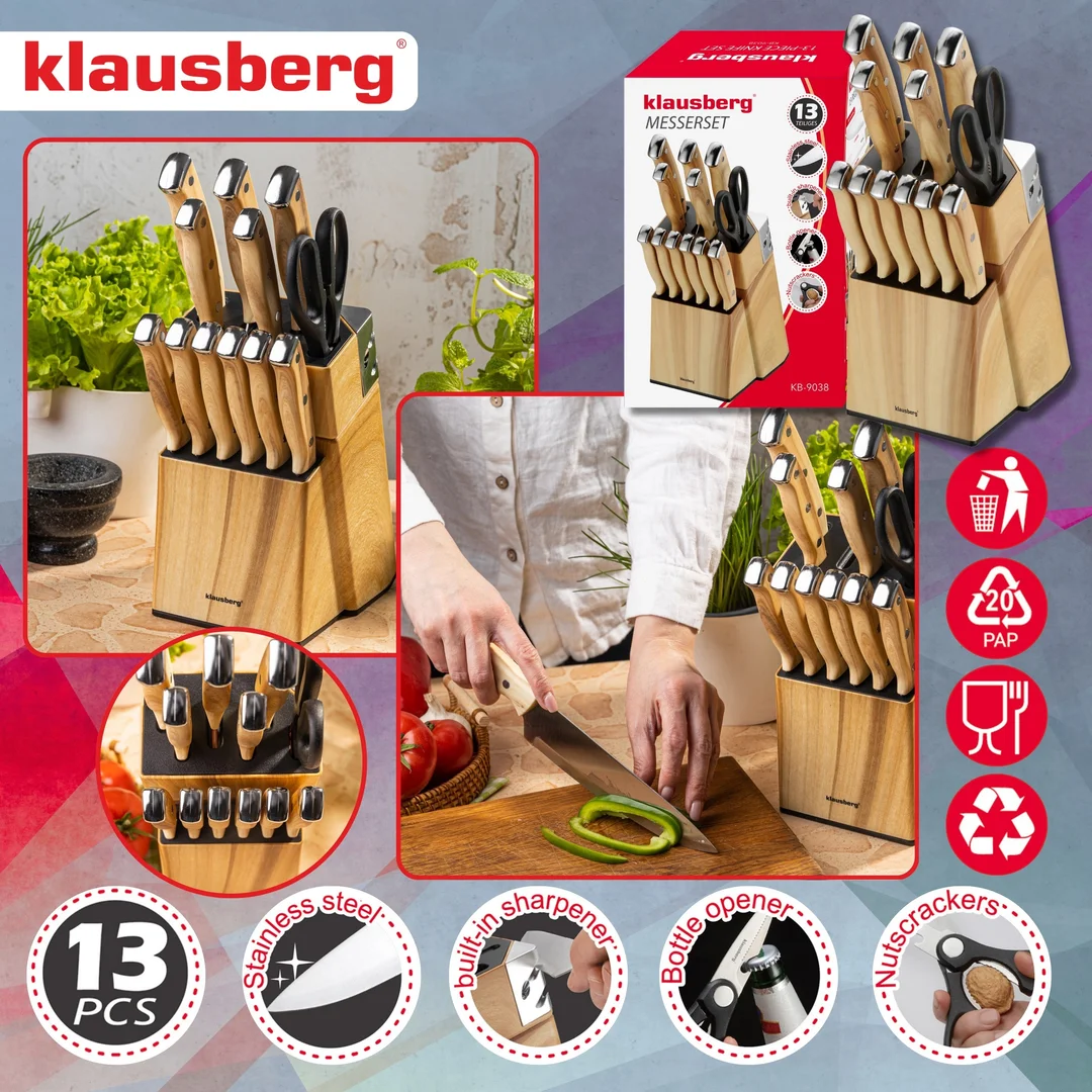 Zestaw noży kuchennych, 13 el., ostrzałka, Klausberg KB-9038 — zdjęcie 3
