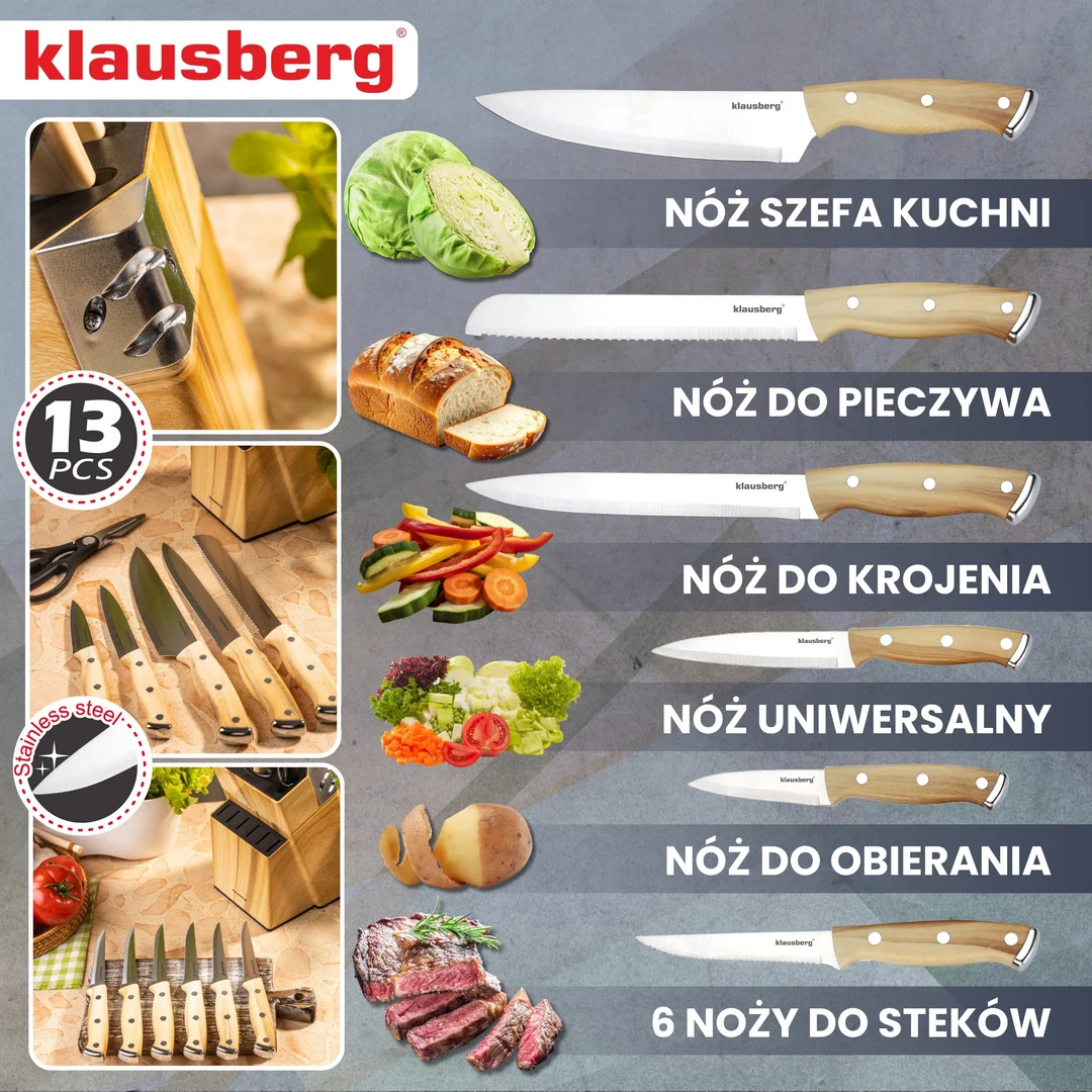 Zestaw noży kuchennych, 13 el., ostrzałka, Klausberg KB-9038 — zdjęcie 7
