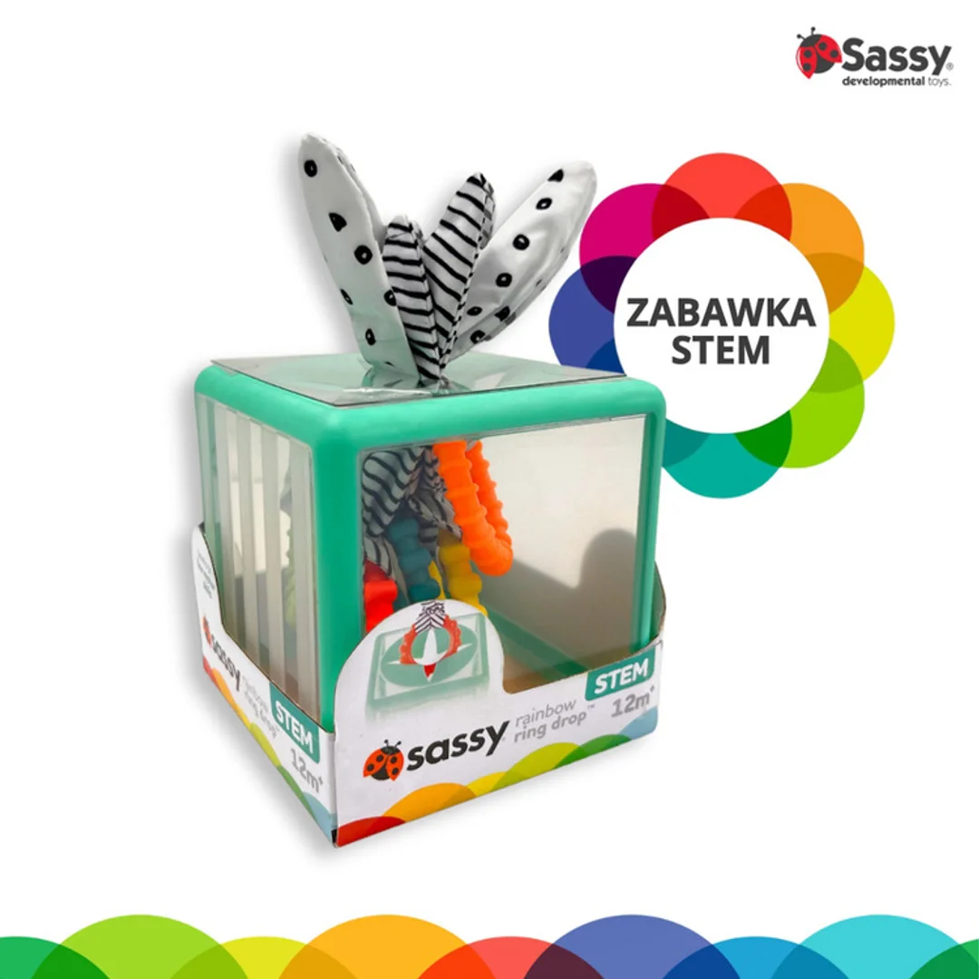 Manipulacyjna kostka sensoryczna Montessori – elastyczna kostka sorter z krążkami, Sassy