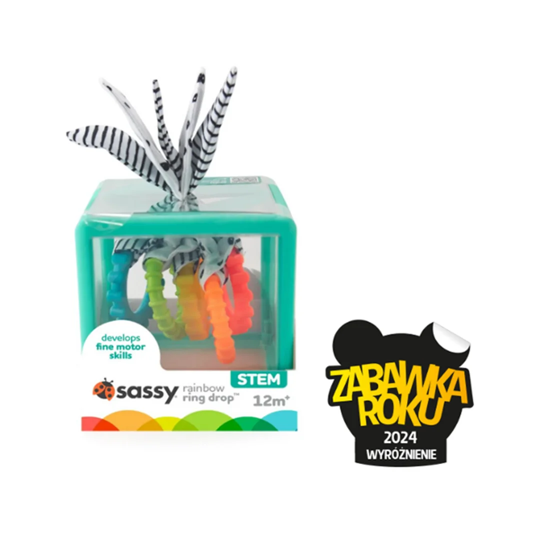 Manipulacyjna kostka sensoryczna Montessori – elastyczna kostka sorter z krążkami, Sassy
