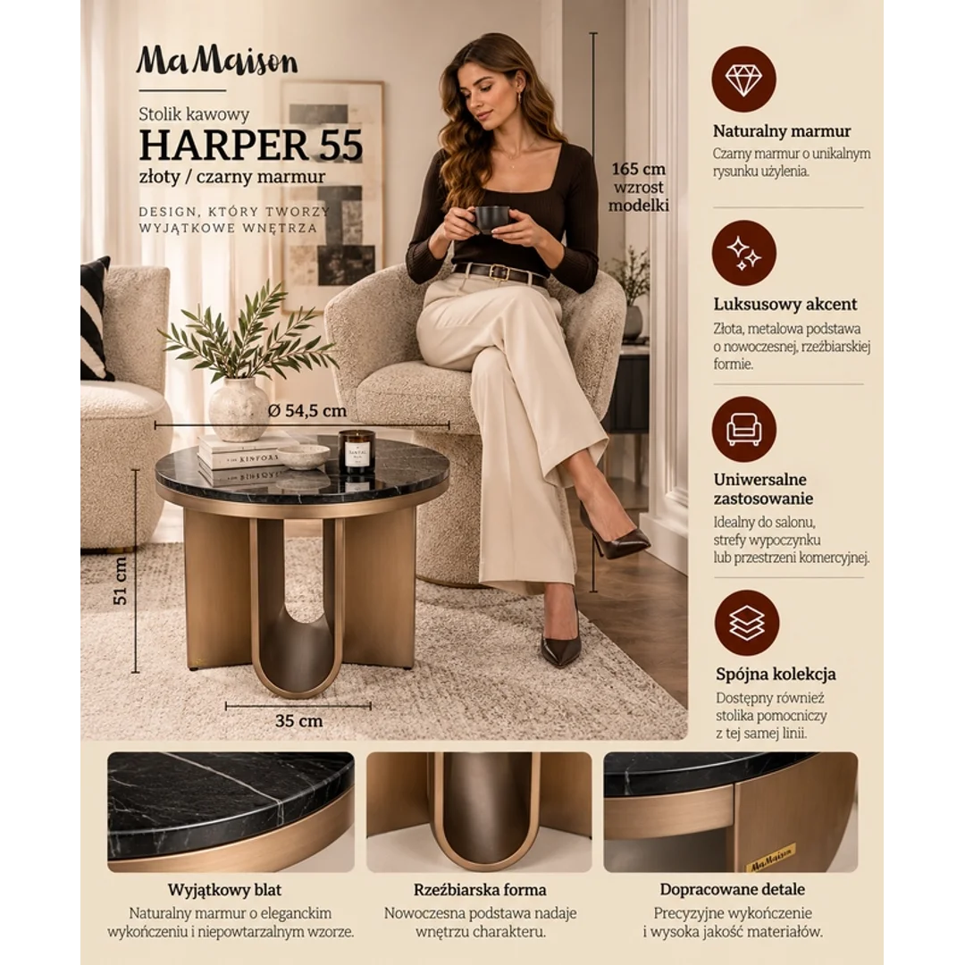 MaMaison stolik kawowy HARPER 55 złoty / czarny marmur — zdjęcie 14