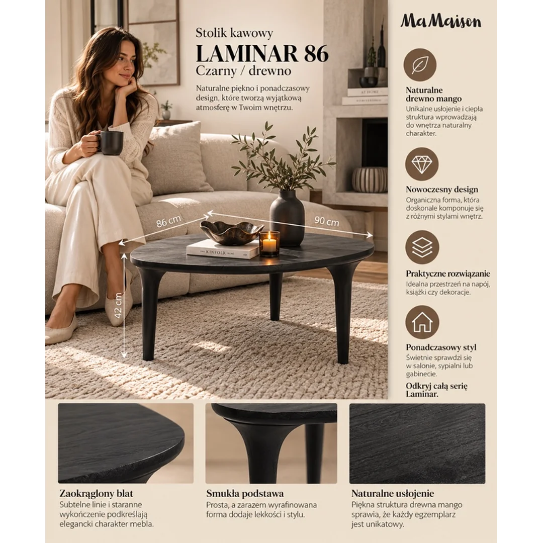 MaMaison stolik kawowy LAMINAR 86 czarny / drewno — zdjęcie 8