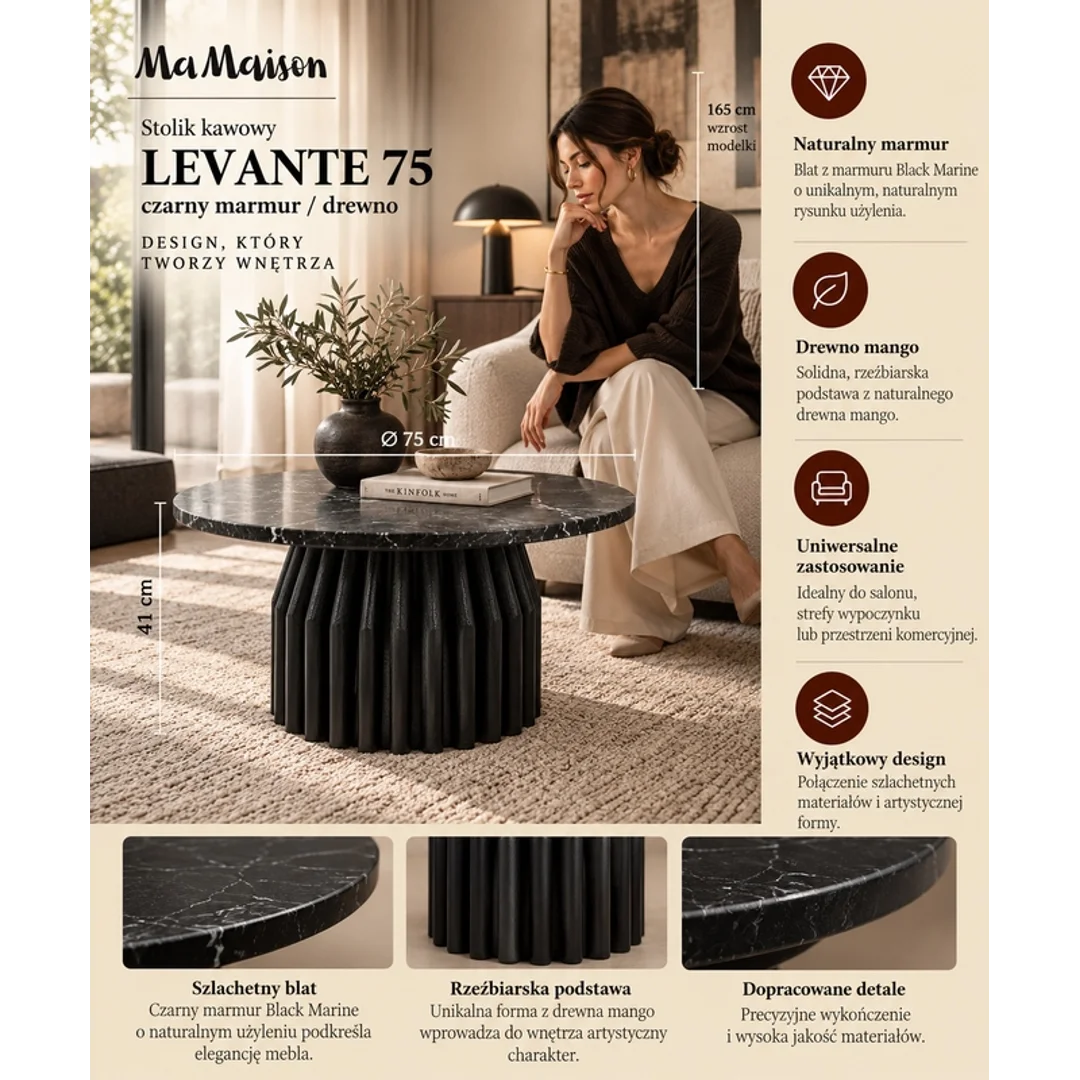 MaMaison stolik kawowy LEVANTE 75 czarny marmur / drewno — zdjęcie 9