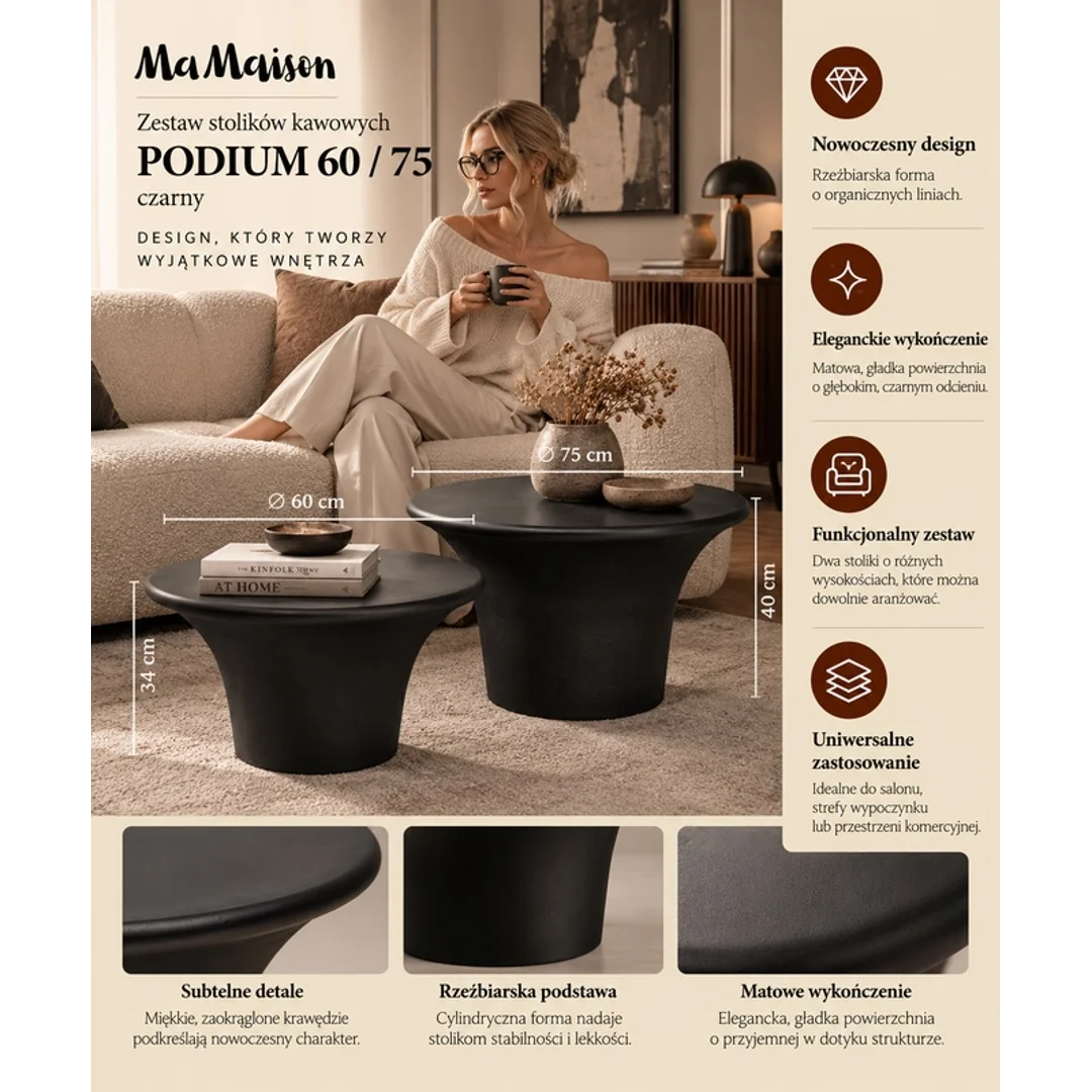 MaMaison zestaw stolików kawowych PODIUM 60 / 75 czarny — zdjęcie 7