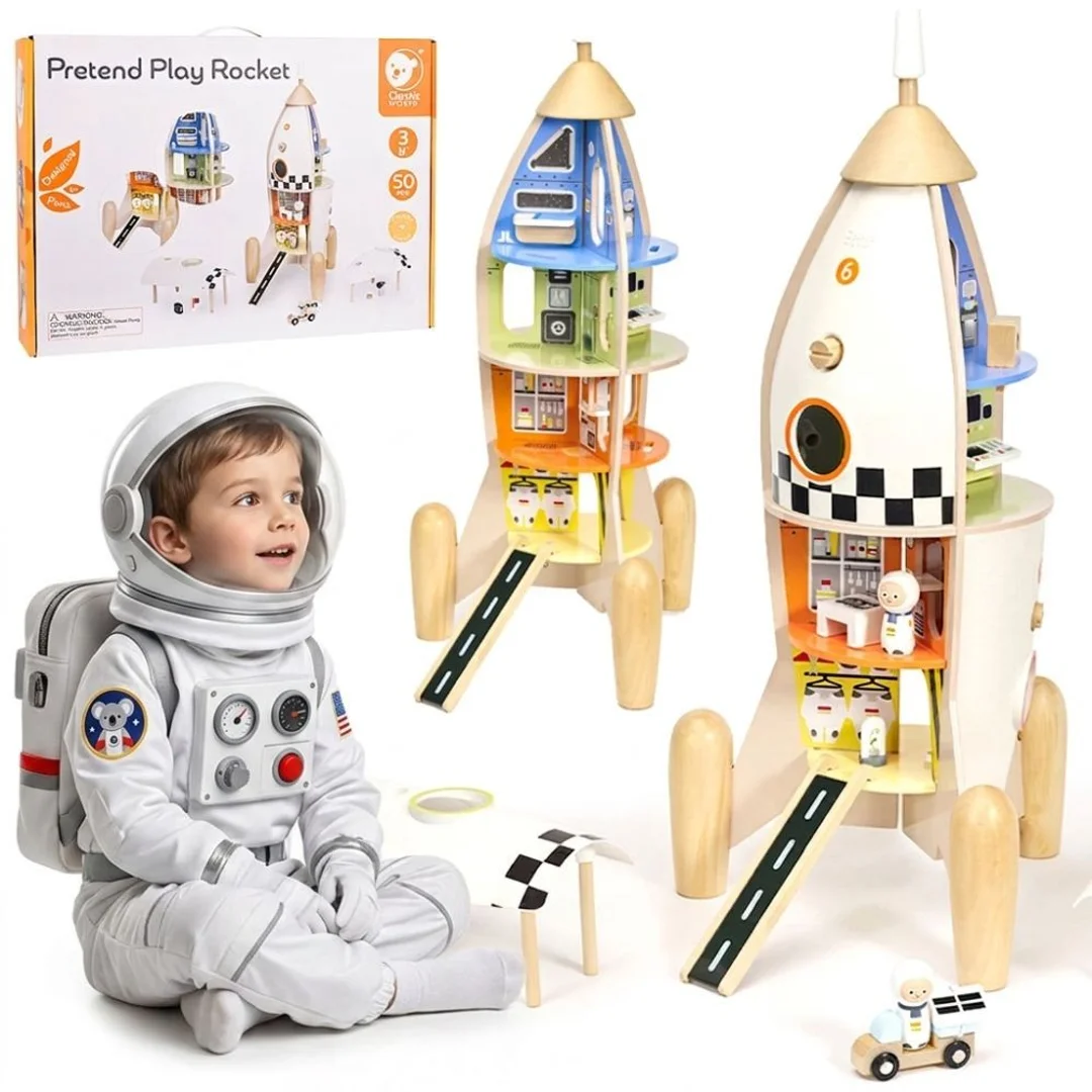 CLASSIC WORLD Drewniana Rakieta Domek dla Dzieci + Figurki 51el.