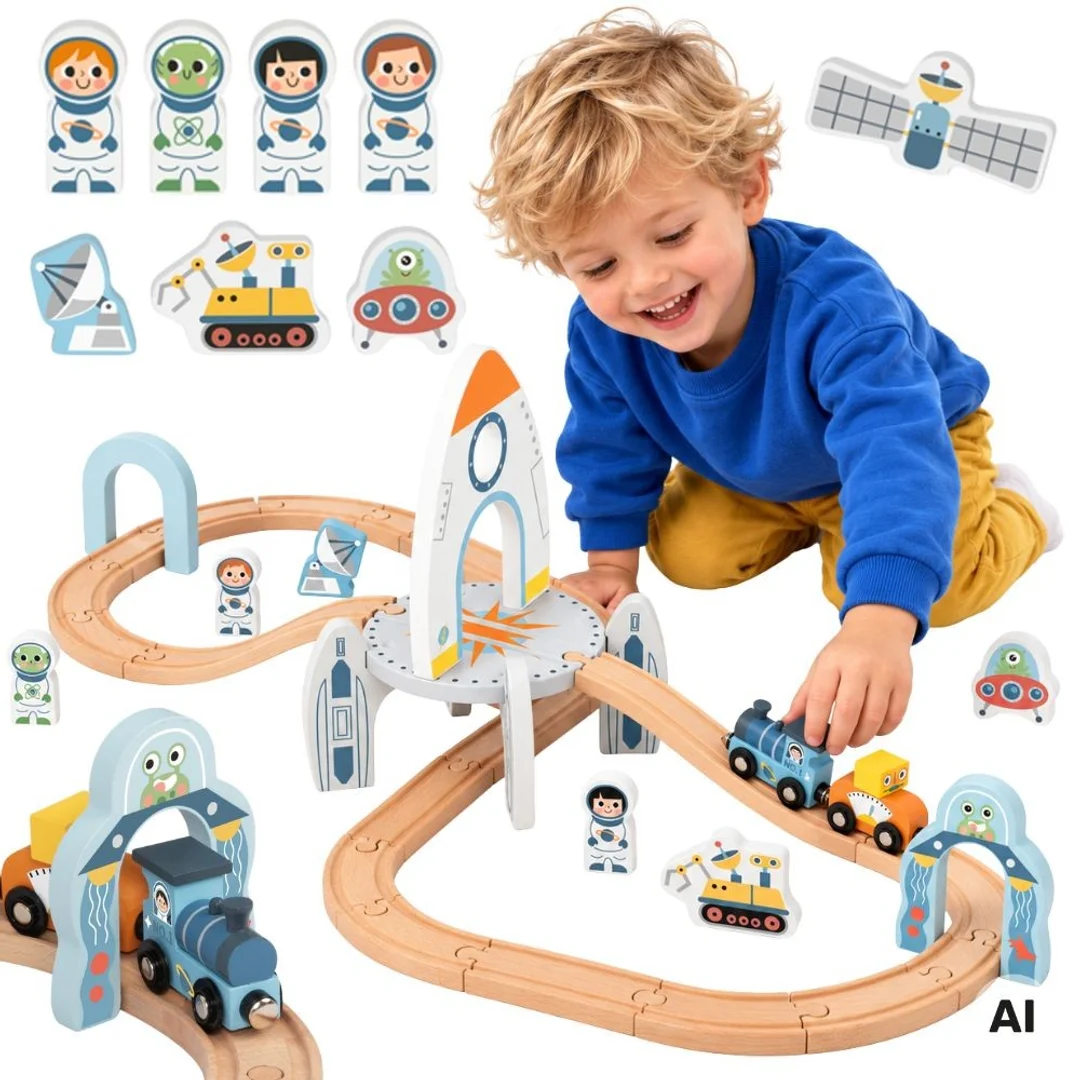 TOOKY TOY Drewniana Kolejka Pociąg Kosmiczna Rakieta Tory