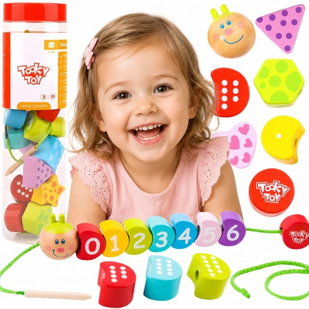 TOOKY TOY Drewniane Klocki do Nawlekania Gąsienica Nauka