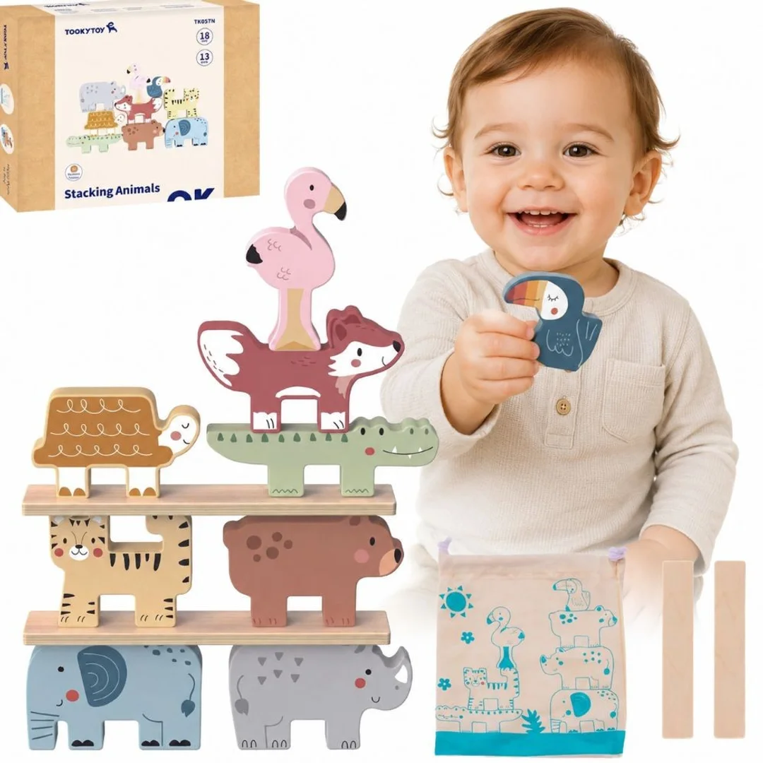 TOOKY TOY Drewniane Klocki Układanka Wieża Stacker Stosy Zwierzątka Montessori