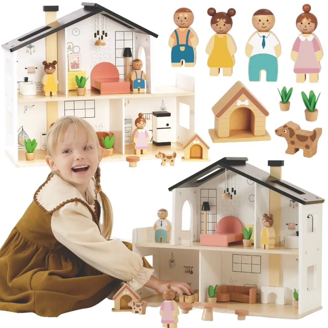 TOOKY TOY Drewniany Domek dla Lalek z Akcesoriami i Rodzinką
