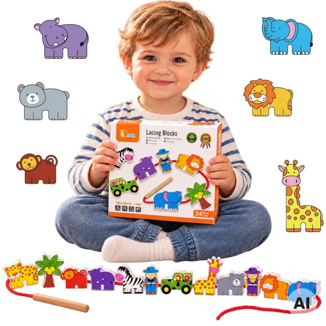 VIGA Drewniana Nawlekanka Przeplatanka Sznurowanka Klocki Safari ZOO Montessori