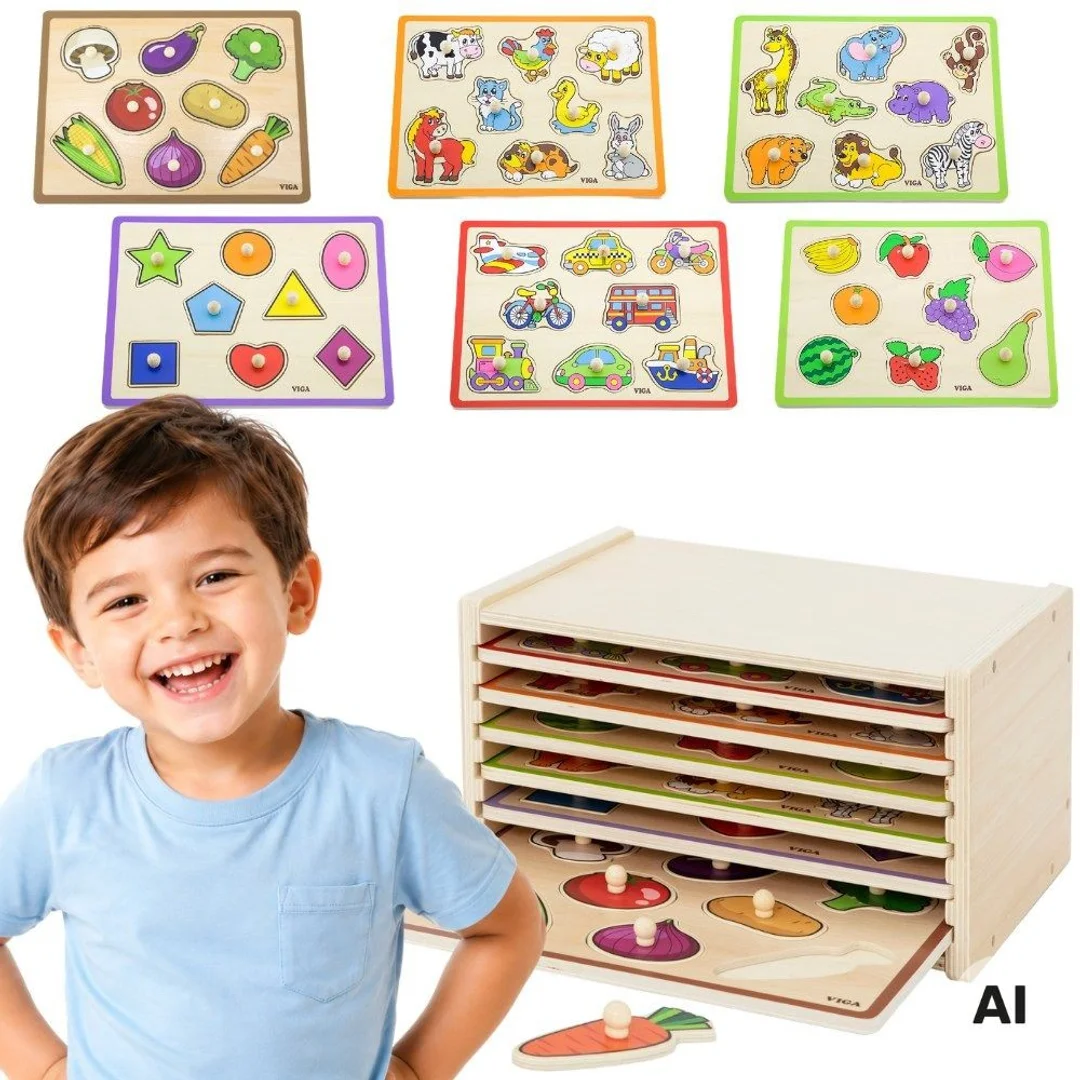 VIGA Drewniane Puzzle z Uchwytami i Półką
