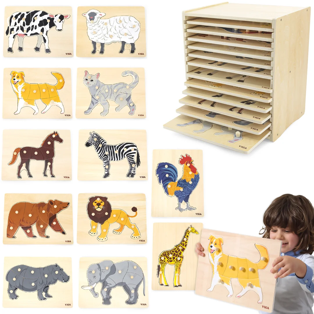 VIGA Zestaw Puzzle Drewniane Układanek Zwierzątka Montessori Stojak