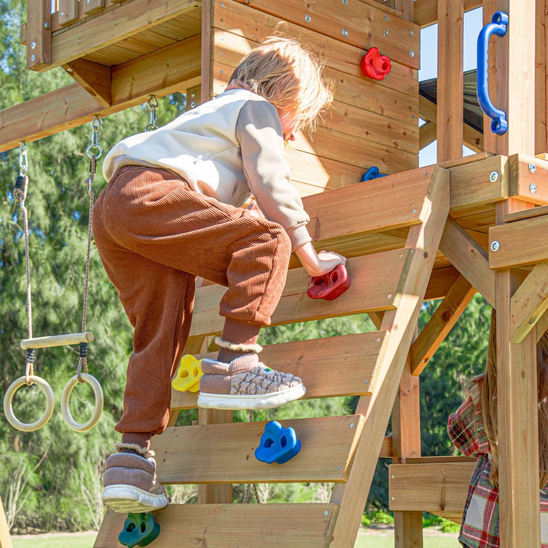 AXI Mitch play tower Duży Plac Zabaw Drewniany Zjeżdżalnia Hustawki Ścianka Wspinaczkowa Wieża