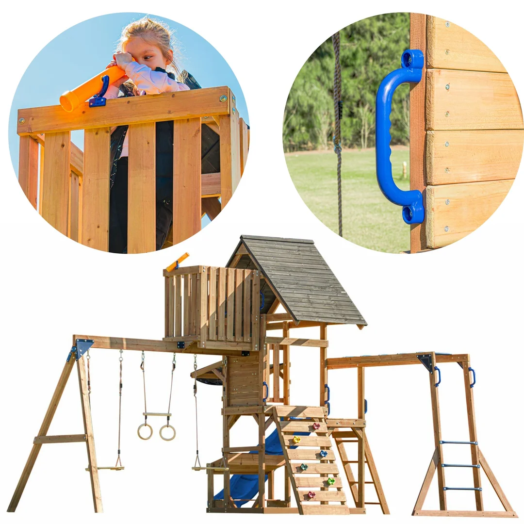 AXI Mitch play tower Duży Plac Zabaw Drewniany Zjeżdżalnia Hustawki Ścianka Wspinaczkowa Wieża