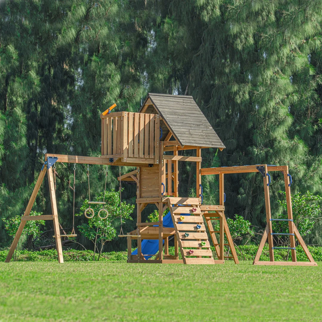 AXI Mitch play tower Duży Plac Zabaw Drewniany Zjeżdżalnia Hustawki Ścianka Wspinaczkowa Wieża