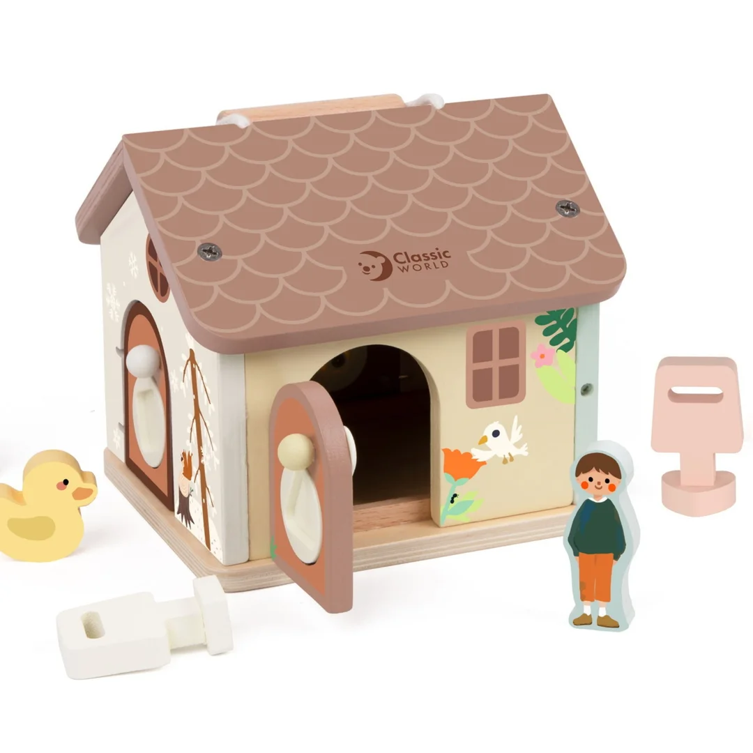 CLASSIC WORLD Drewniany Domek Sensoryczny Edukacyjny z Zamkami Kluczykami