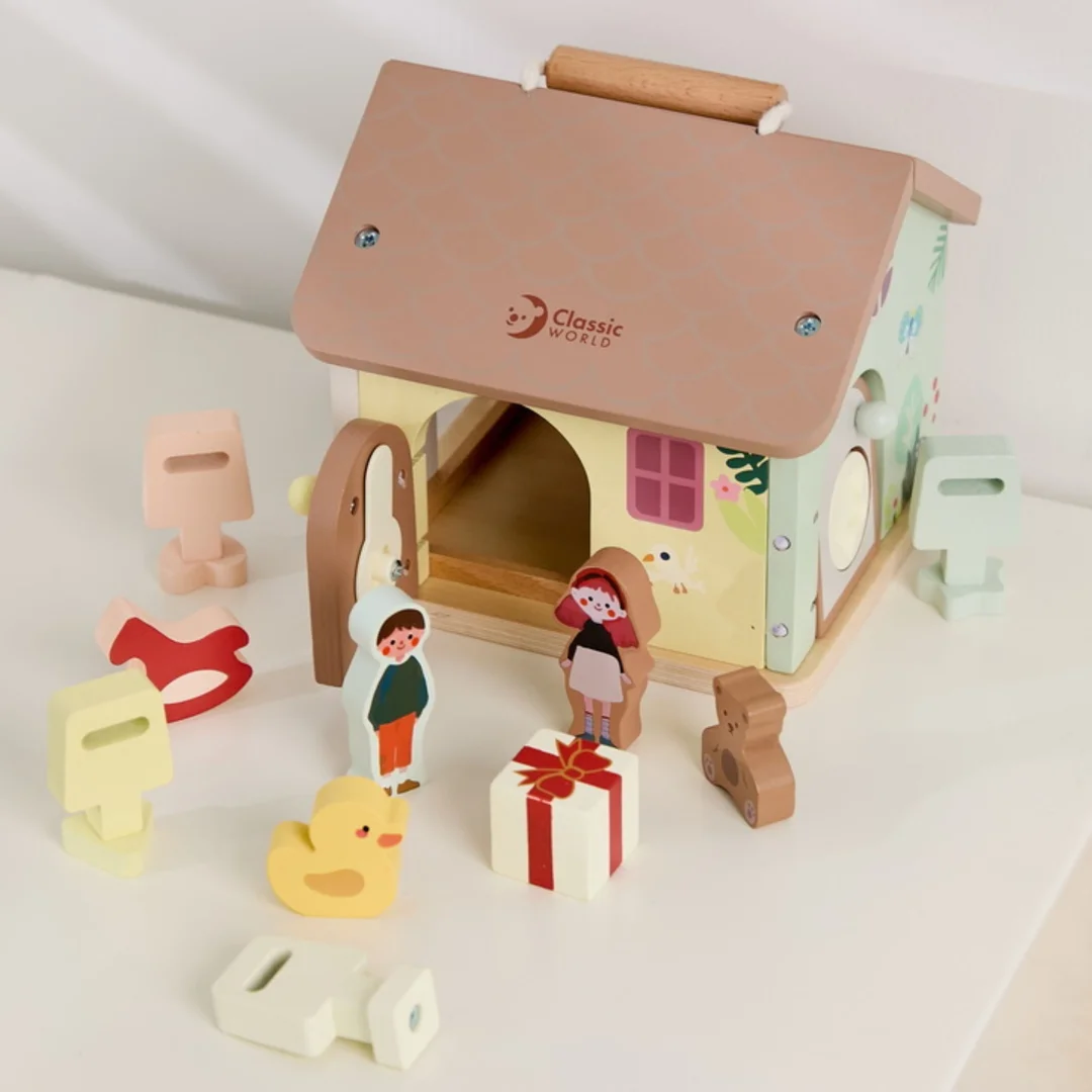 CLASSIC WORLD Drewniany Domek Sensoryczny Edukacyjny z Zamkami Kluczykami
