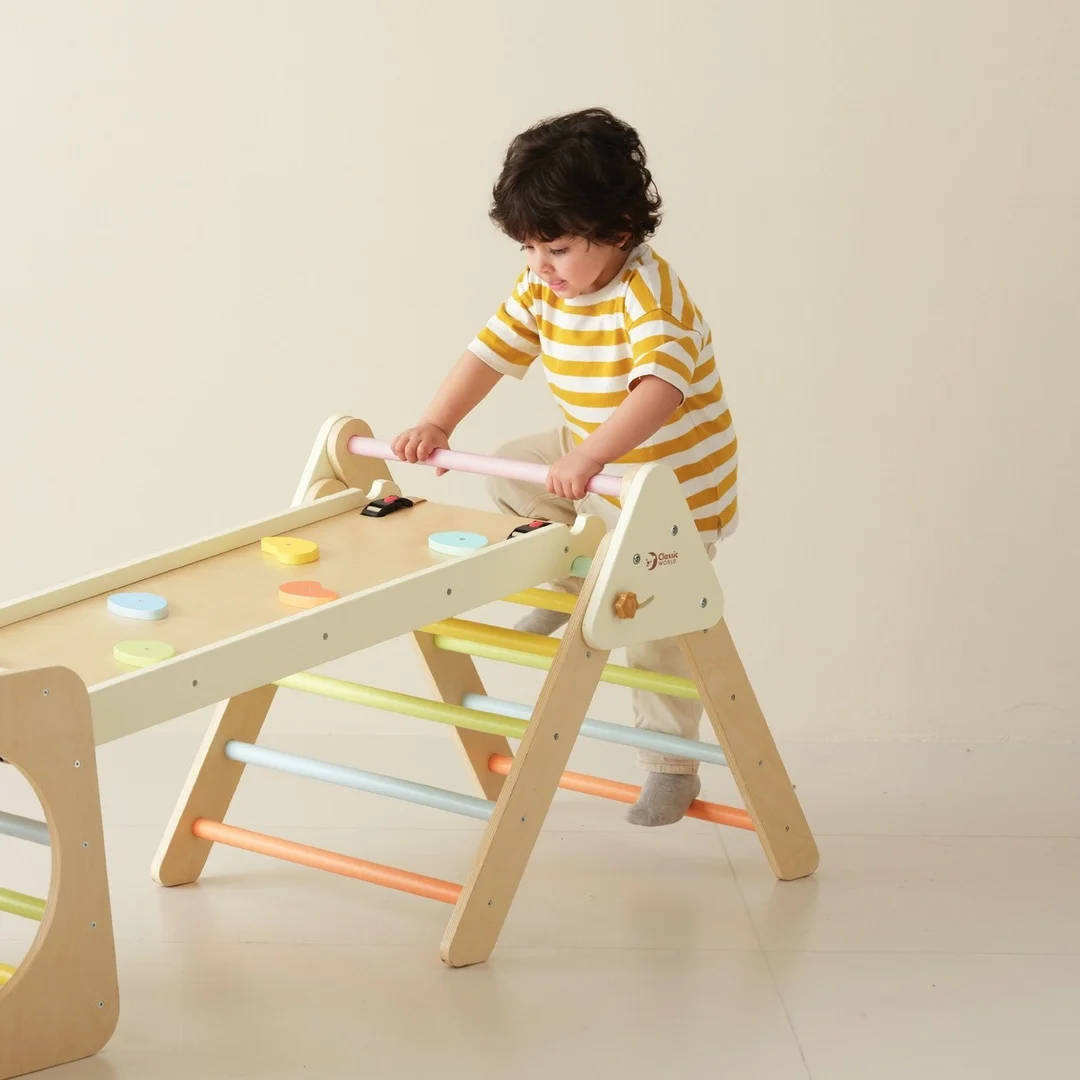 CLASSIC WORLD Drewniany Zestaw Wspinaczkowy Trójkąt Montessori Plac Zabaw Siłownia Indoor dla Dzieci