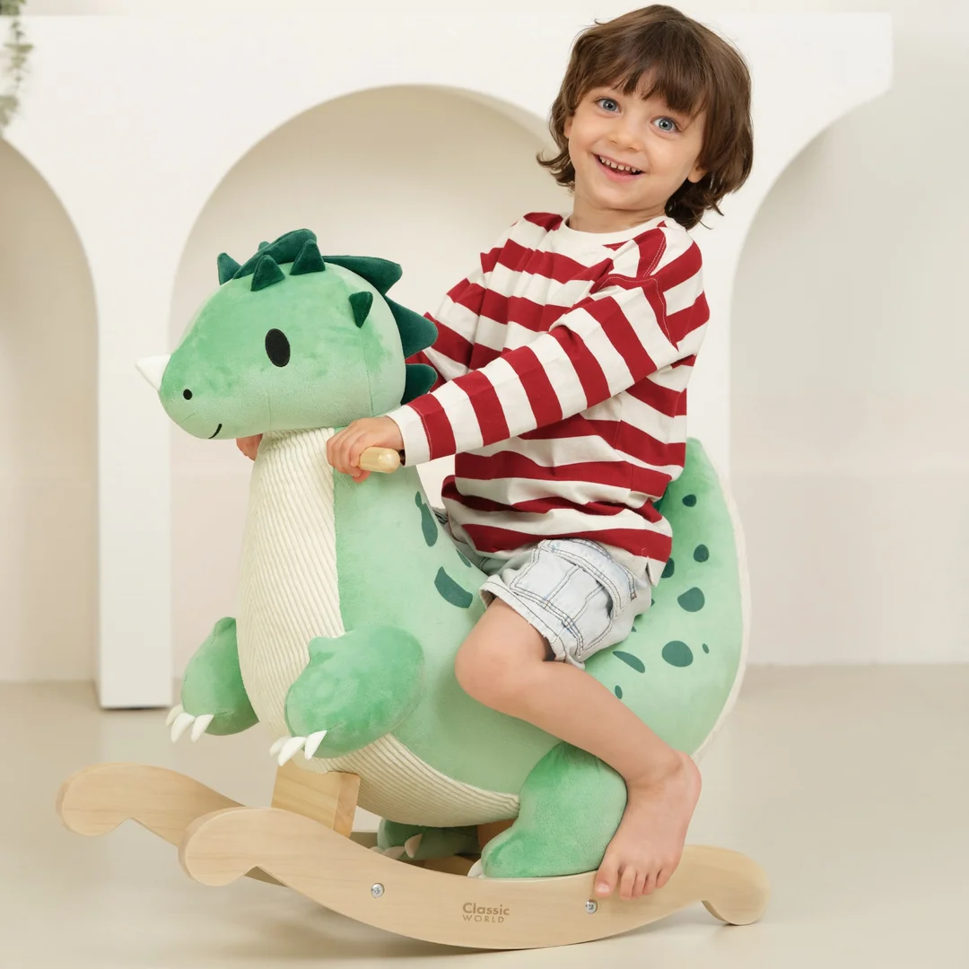 CLASSIC WORLD Miękki Pluszowo Drewniany Bujak Dinozaur na Biegunach