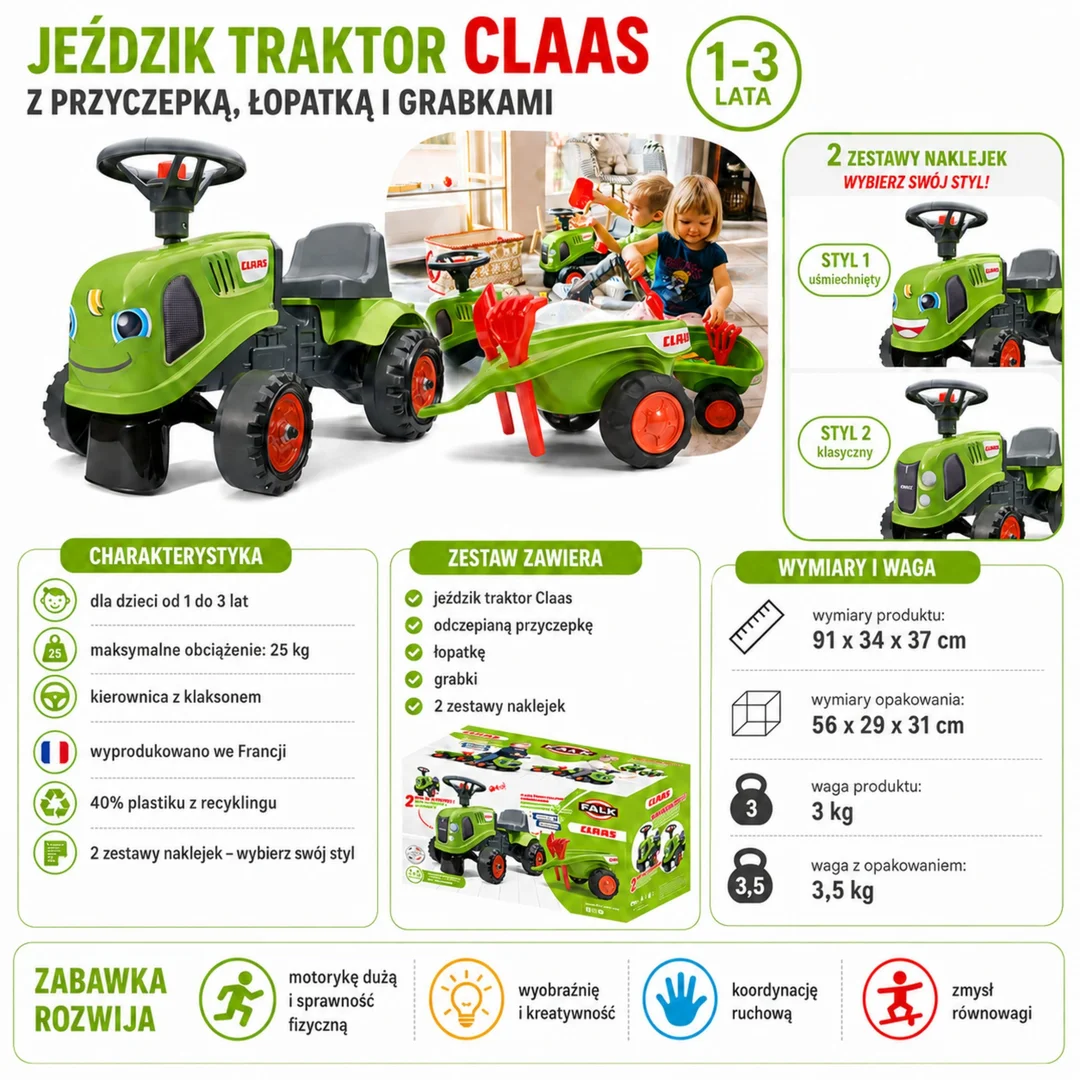 FALK Traktorek Baby Claas Zielony z Przyczepką