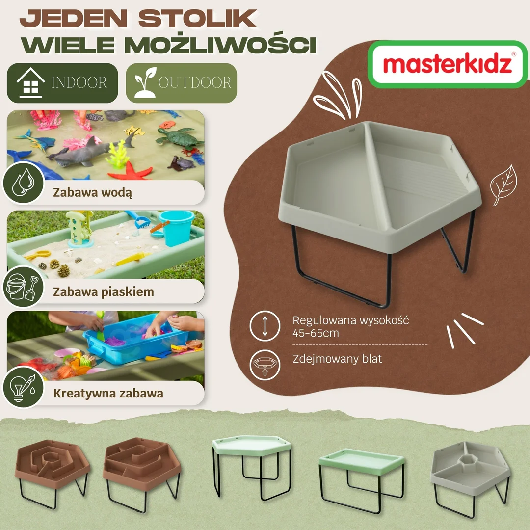 MASTERKIDZ Sześciokątny Stolik Sensoryczny Do Zabawy Piaskiem i Wodą Komory Regulowana Wysokość