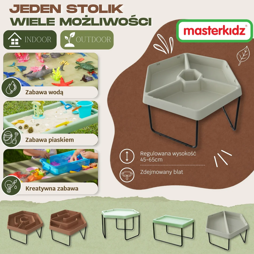 MASTERKIDZ Sześciokątny Stolik Sensoryczny Do Zabawy Piaskiem i Wodą Komory Regulowana Wysokość