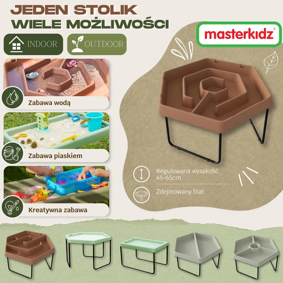 MASTERKIDZ Sześciokątny Stolik Sensoryczny Do Zabawy Piaskiem i Wodą Labirynt Regulowana Wysokość