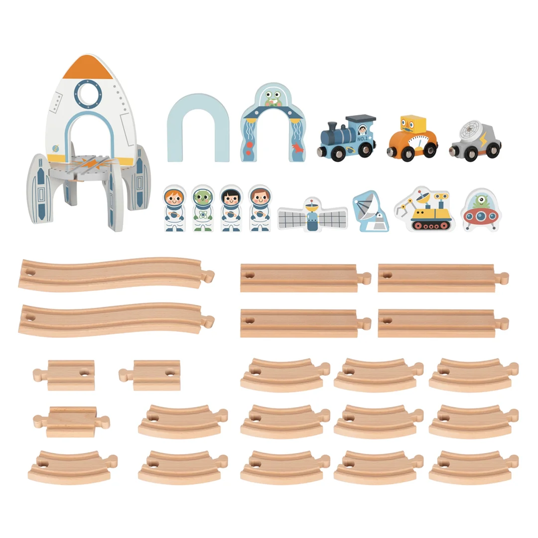 TOOKY TOY Drewniana Kolejka Pociąg Kosmiczna Rakieta Tory