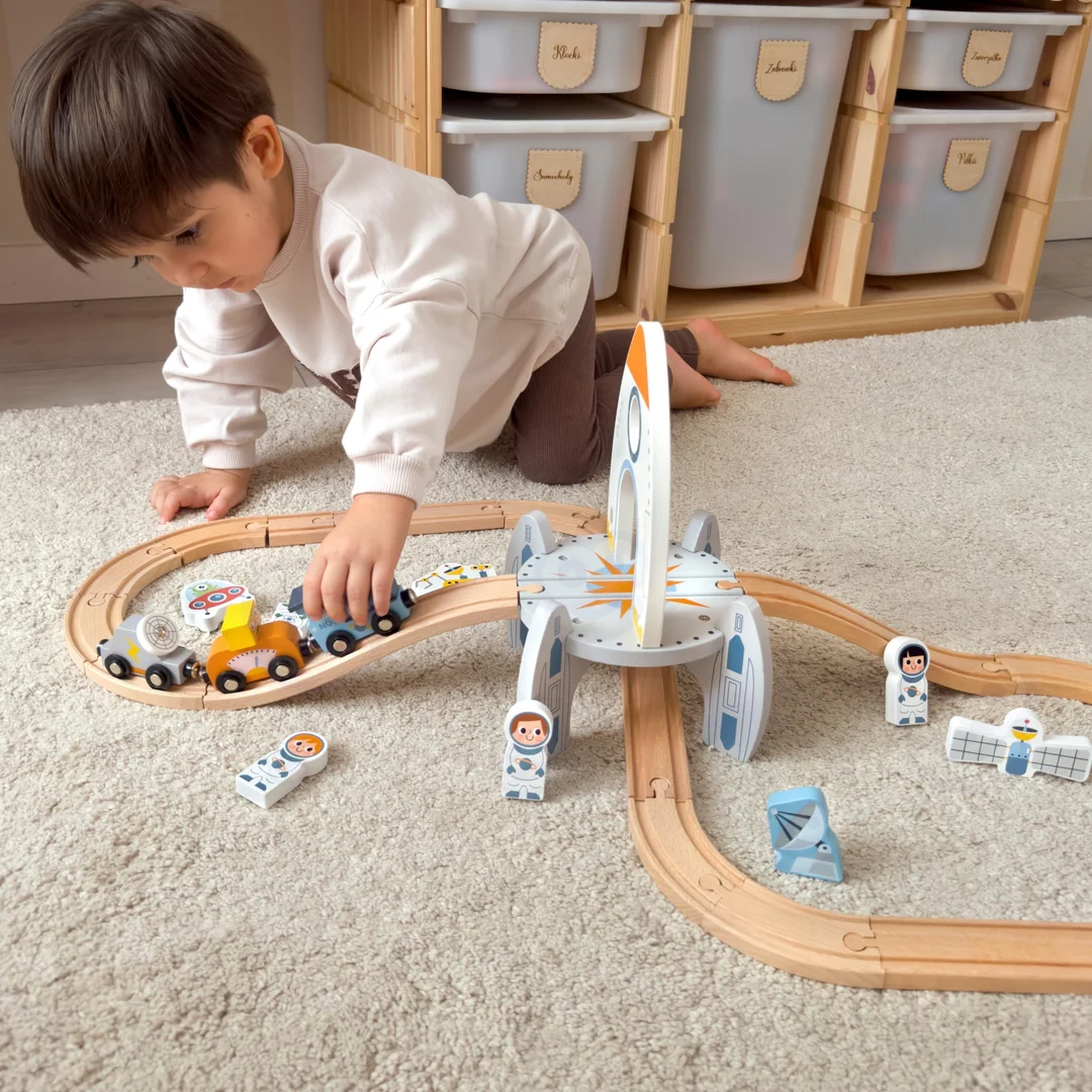 TOOKY TOY Drewniana Kolejka Pociąg Kosmiczna Rakieta Tory