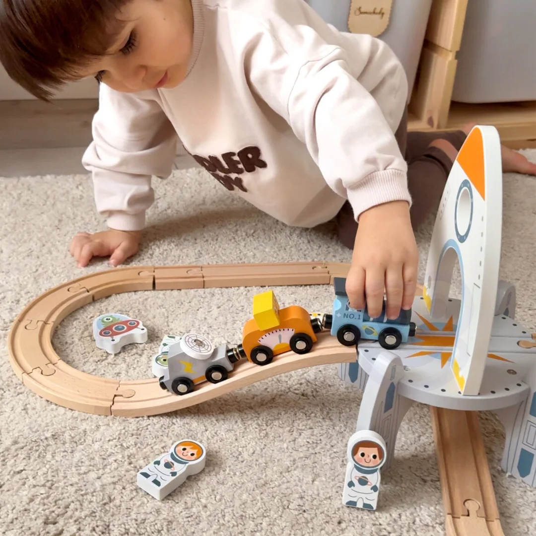 TOOKY TOY Drewniana Kolejka Pociąg Kosmiczna Rakieta Tory