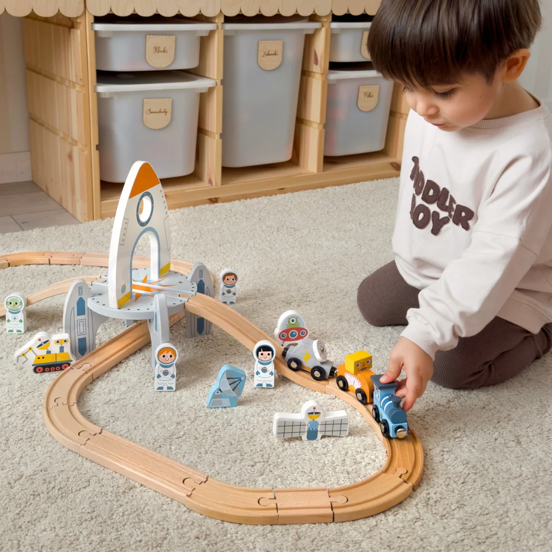 TOOKY TOY Drewniana Kolejka Pociąg Kosmiczna Rakieta Tory