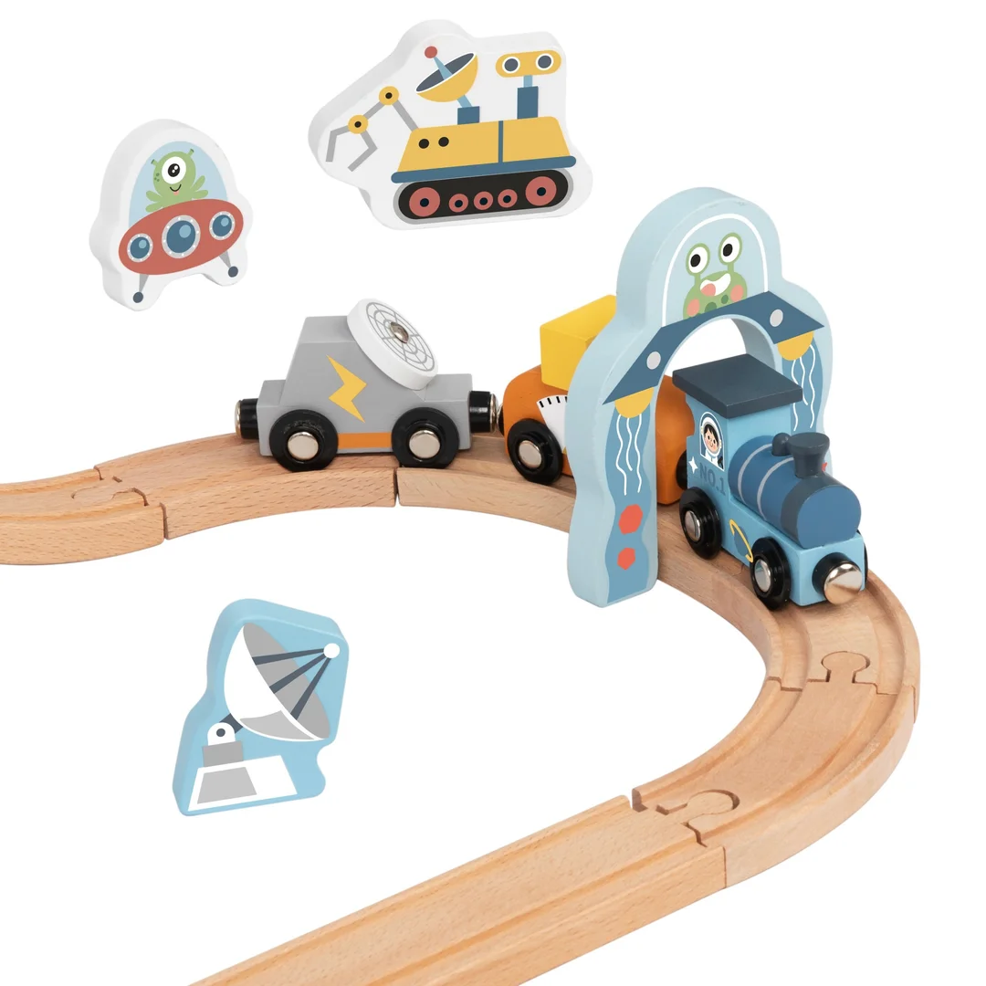 TOOKY TOY Drewniana Kolejka Pociąg Kosmiczna Rakieta Tory
