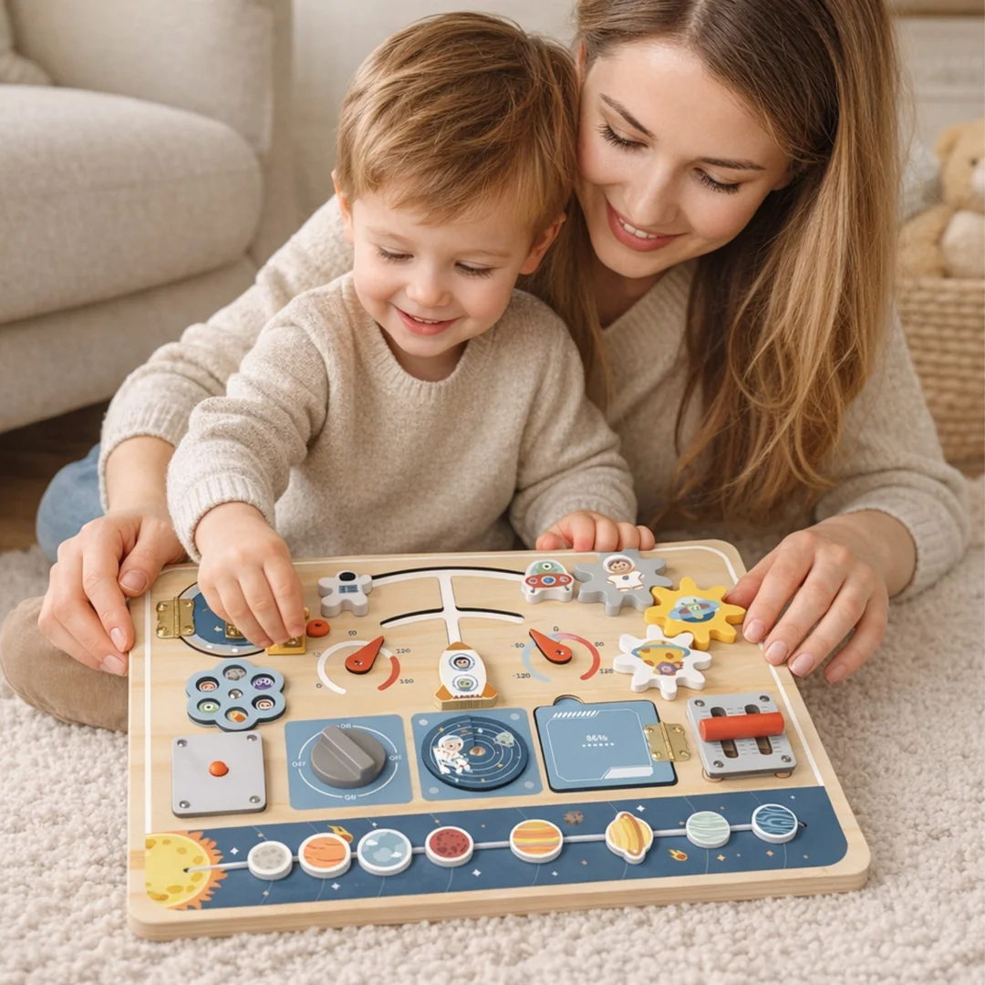 TOOKY TOY Drewniana Tablica Edukacyjna Montessori Astronauta Statek Kosmiczny