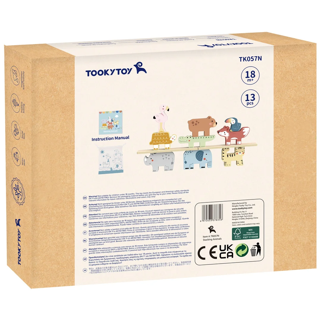 TOOKY TOY Drewniane Klocki Układanka Wieża Stacker Stosy Zwierzątka Montessori